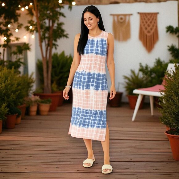 Boho Casual Tie-Dye Midi Summer Dress Sleeveless Soft Knit Color Block Look - Picture 9 of 13